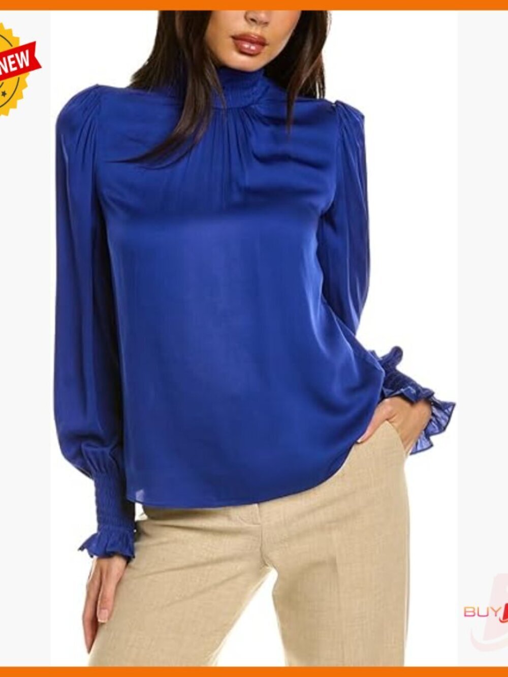 Silk Blend Mock Neck Blouse with Puff Sleeves and Smocking Details